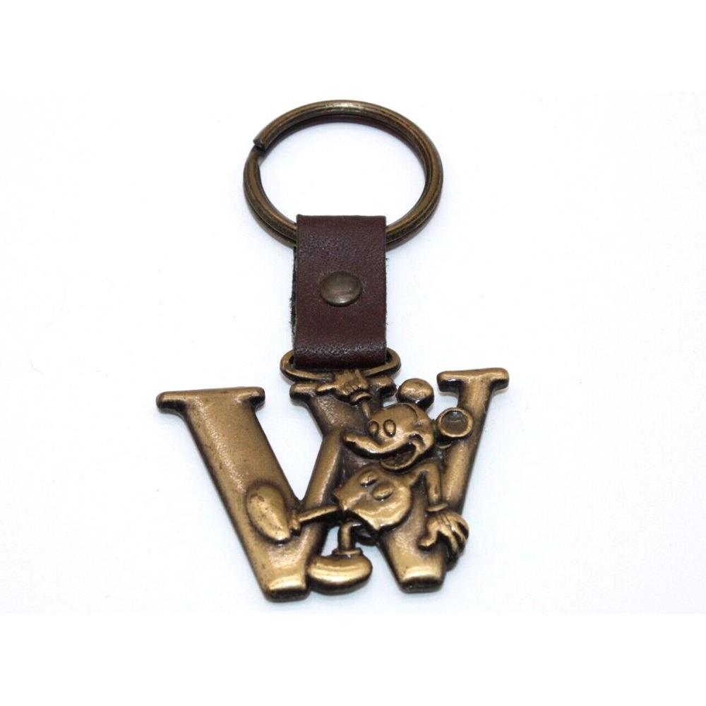 VTG Pewter "W" Disney Mickey Mouse Key Chain Key Ring Leather Strap